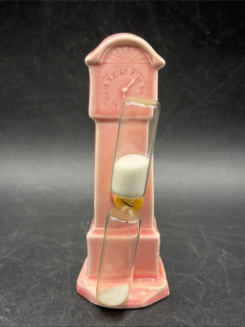 Vintage German Pink Grandfather Clock Figure Ceramic Time Keeper Hourglass Decor